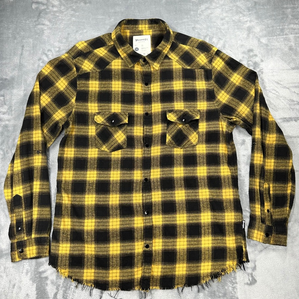 YoungLA Mens XL Yellow Black Plaid Flannel Frayed Hem Snap Button Shirt Cotton